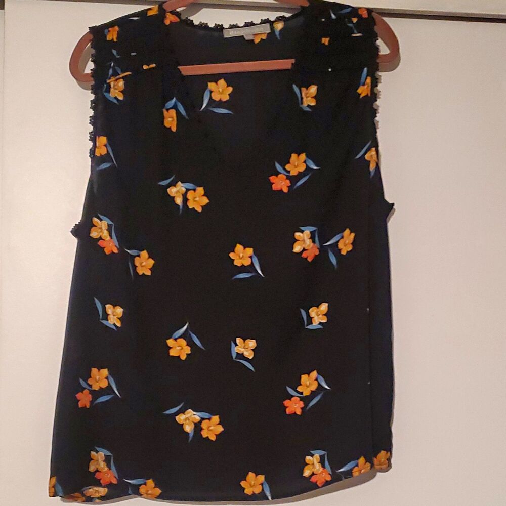 Daniel Rainn Women's XL Sleeveless Floral Pullover Top Lace Trim Black